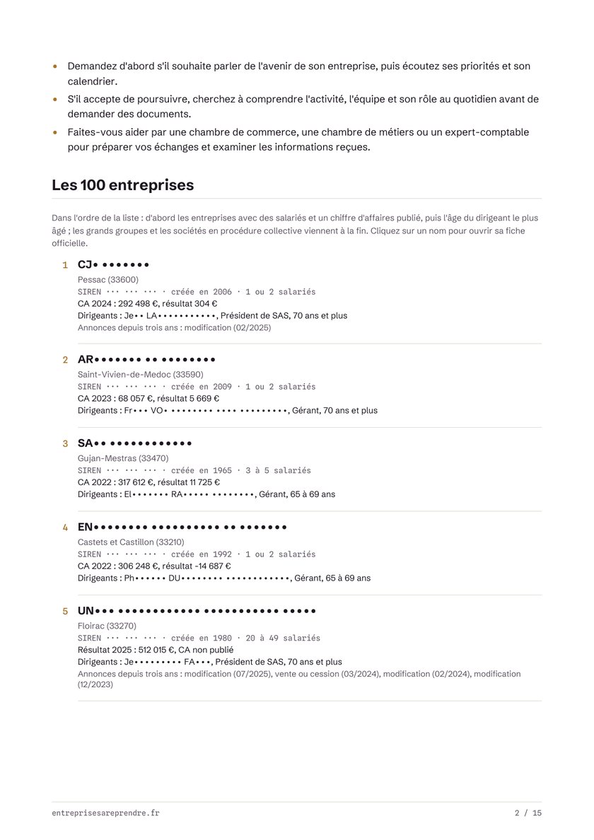 Page 2 : les sociétés une par une, avec leurs chiffres et leurs dirigeants